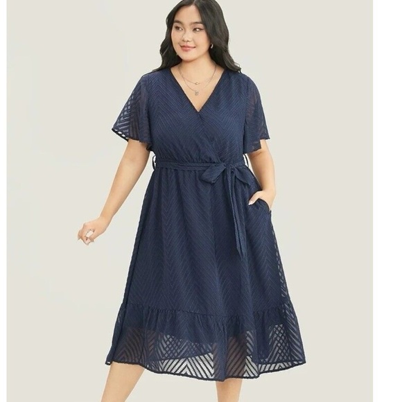 Bloomchic Plus Size Plain Geometric Pocket Mesh Ruffle Sleeve Belted Wrap Dress - Picture 1 of 7